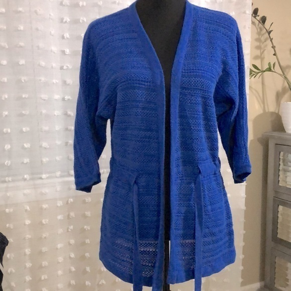 Jones New York‎ Royal Blue Linen Blend Tie Waist Open Cardigan Sz PN - Picture 1 of 5
